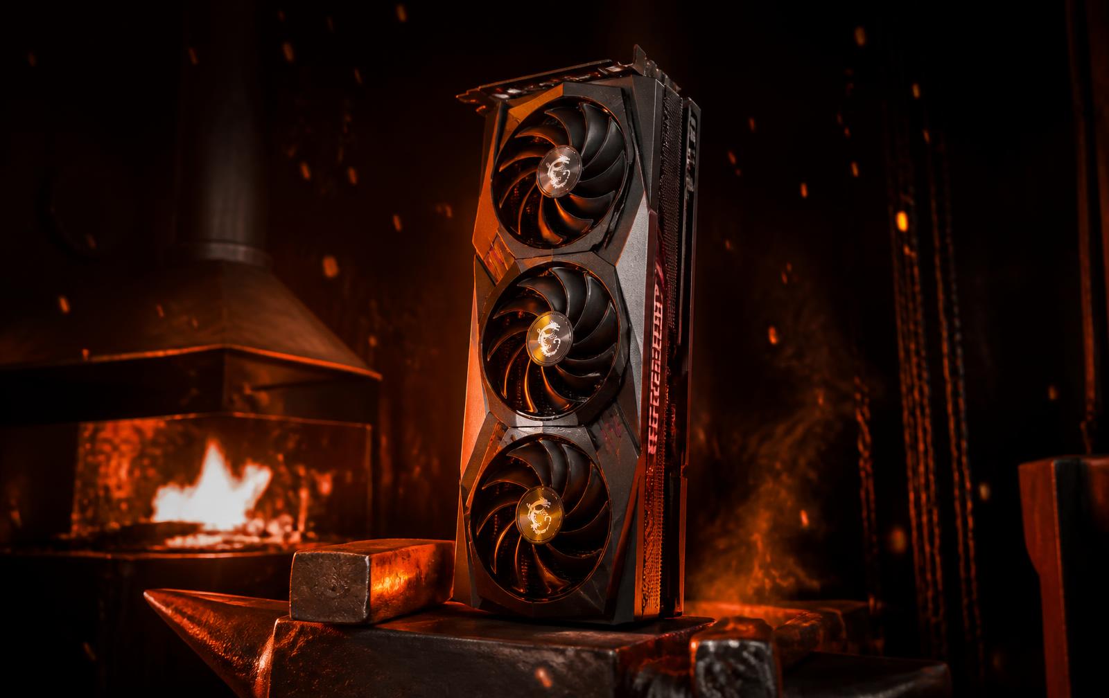 A graphics card resting on a blacksmith's anvil in a glowing forge