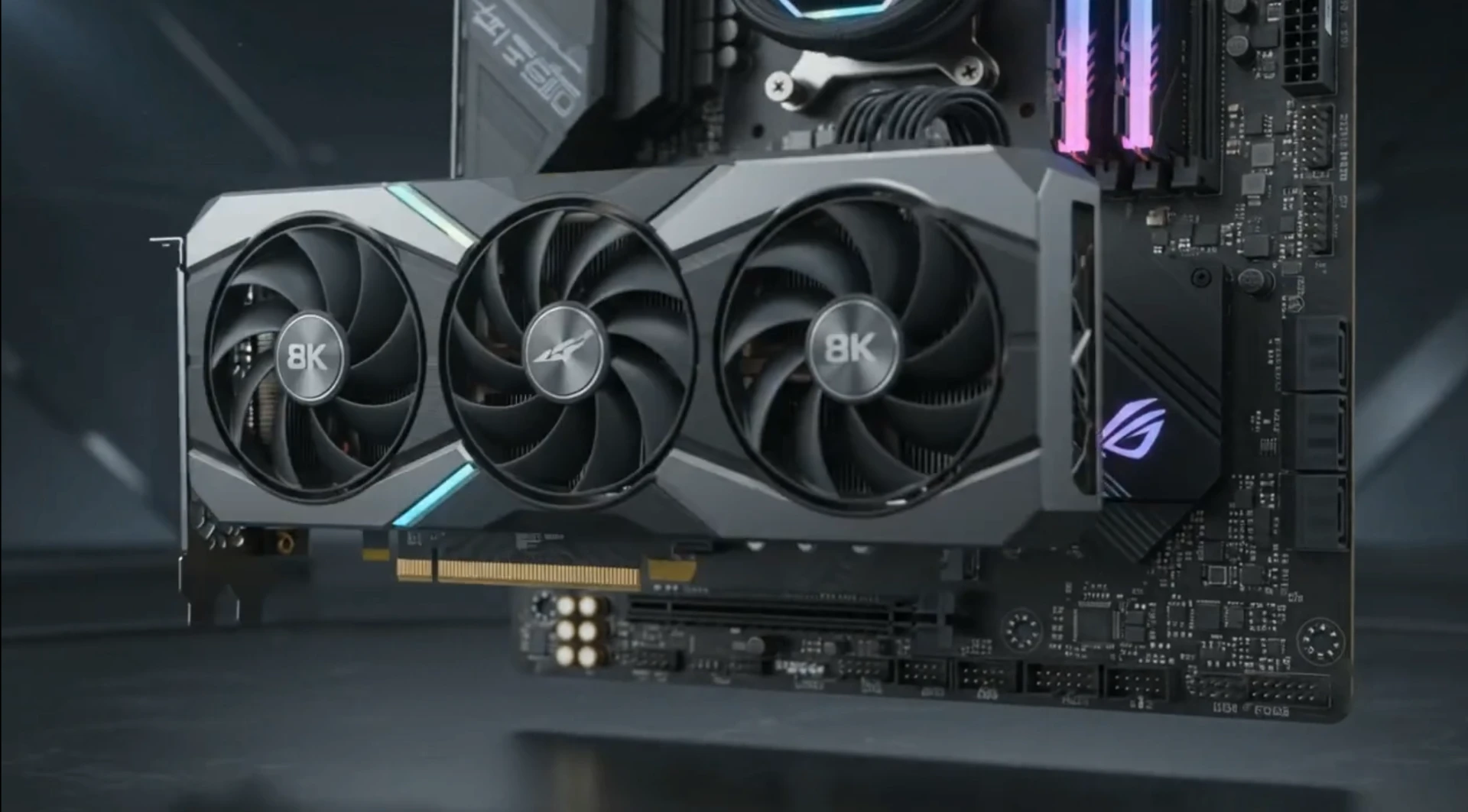 Triple-fan graphics card mounted on a motherboard under test